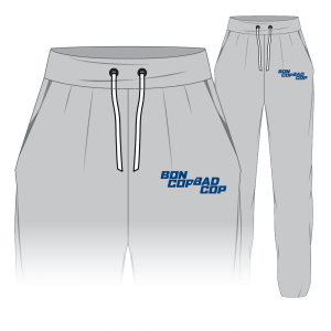 Pantalon de jogging BCBC Logo gris sport — logo Bon Cop Bad Cop bleu marine cuisse gauche, édition limitée