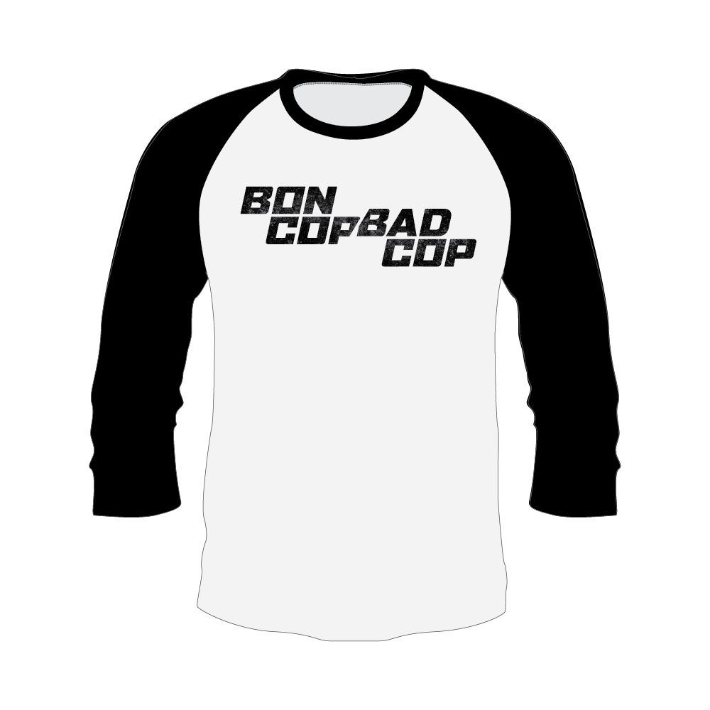 T-shirt baseball BCBC Logo blanc manches noires — logo Bon Cop Bad Cop distressed noir, manches 3/4